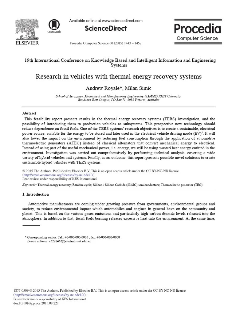 Research In Vehicles With Thermal Energy Recovery Systems | PDF