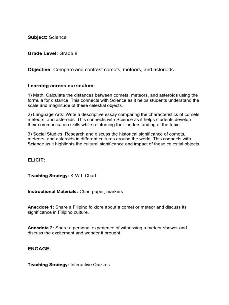 Lesson Plan - Comets, Meteors, And Asteroids. | PDF