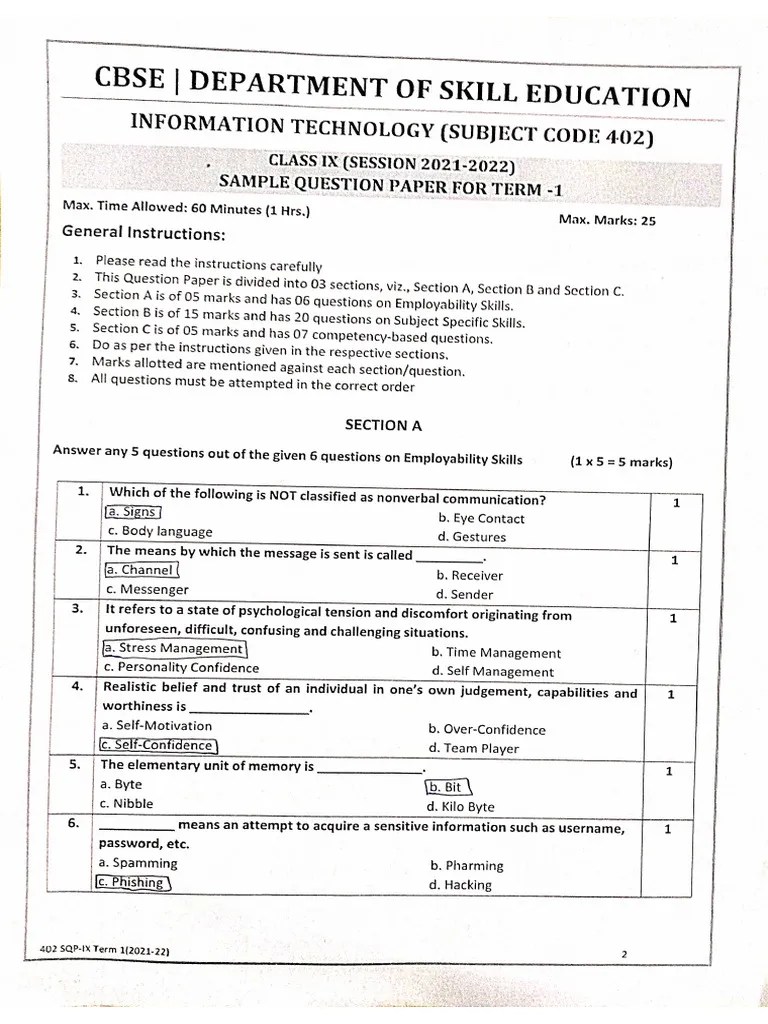 IT (402) Class - IX Sample Paper | PDF