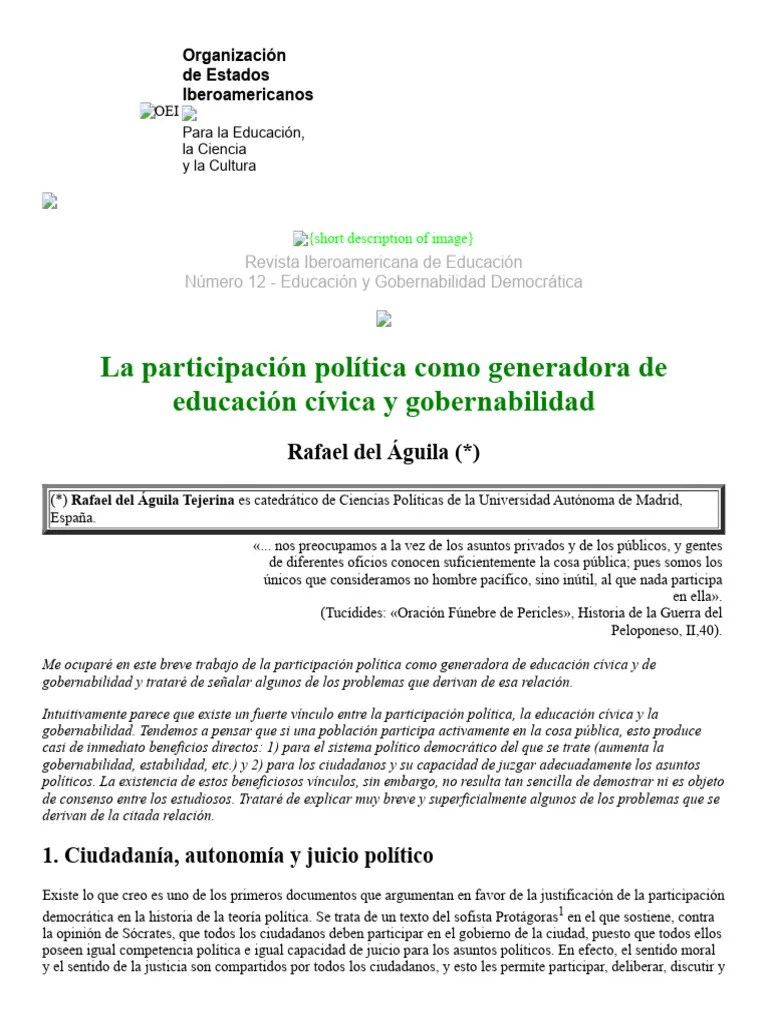 La Participación Política Como Generadora De Educación Cívica Y | PDF