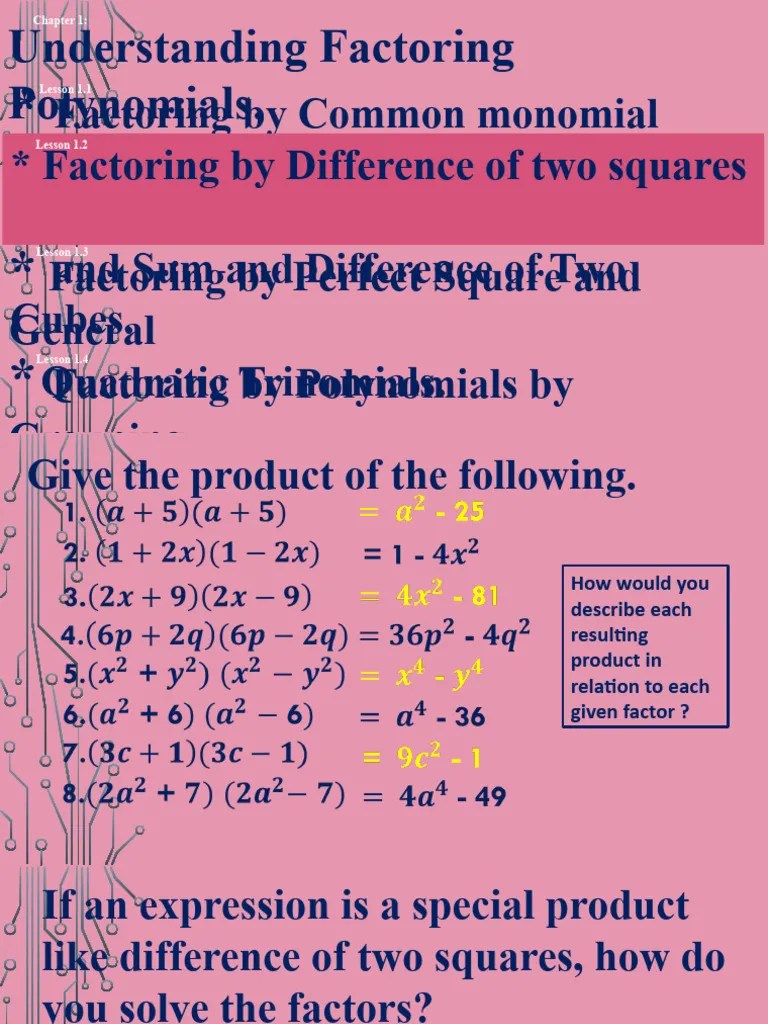 Lesson 1.2 Math 8 Factoring Diff. Of Two Squares | PDF | Factorization ...