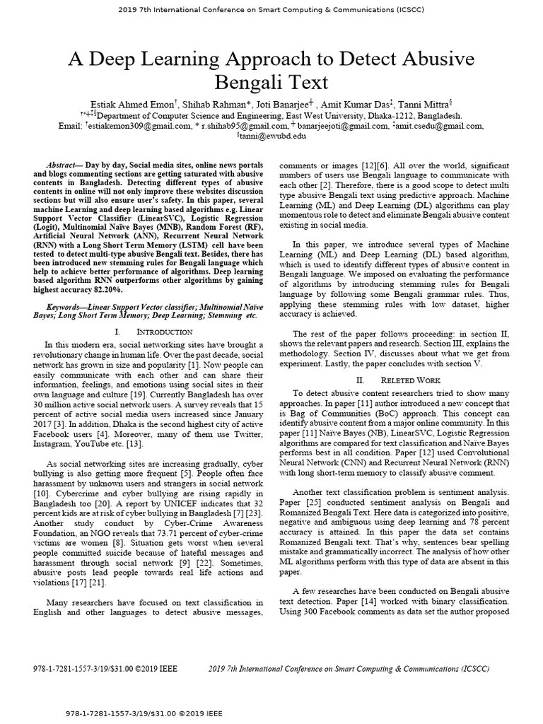 A Deep Learning Approach To Detect Abusive Bengali Text | PDF