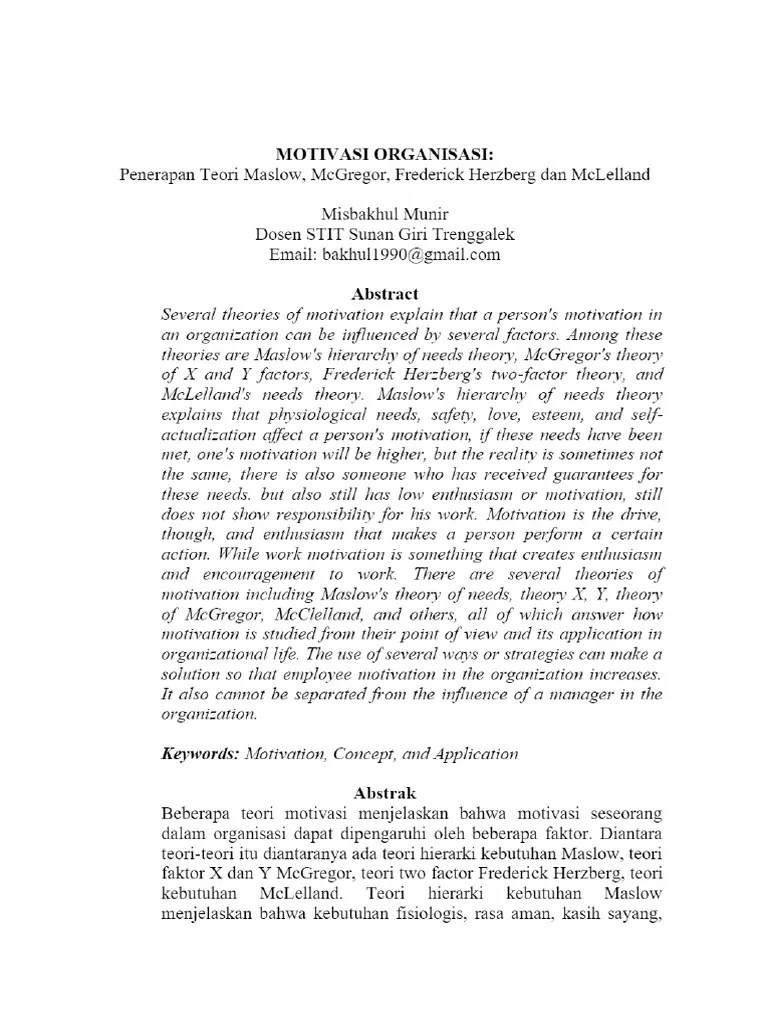 TEORI - MOTIVASI ORGANISASI - Penerapan Teori Maslow, McGregor, Frederick Herzberg Dan McLelland ...