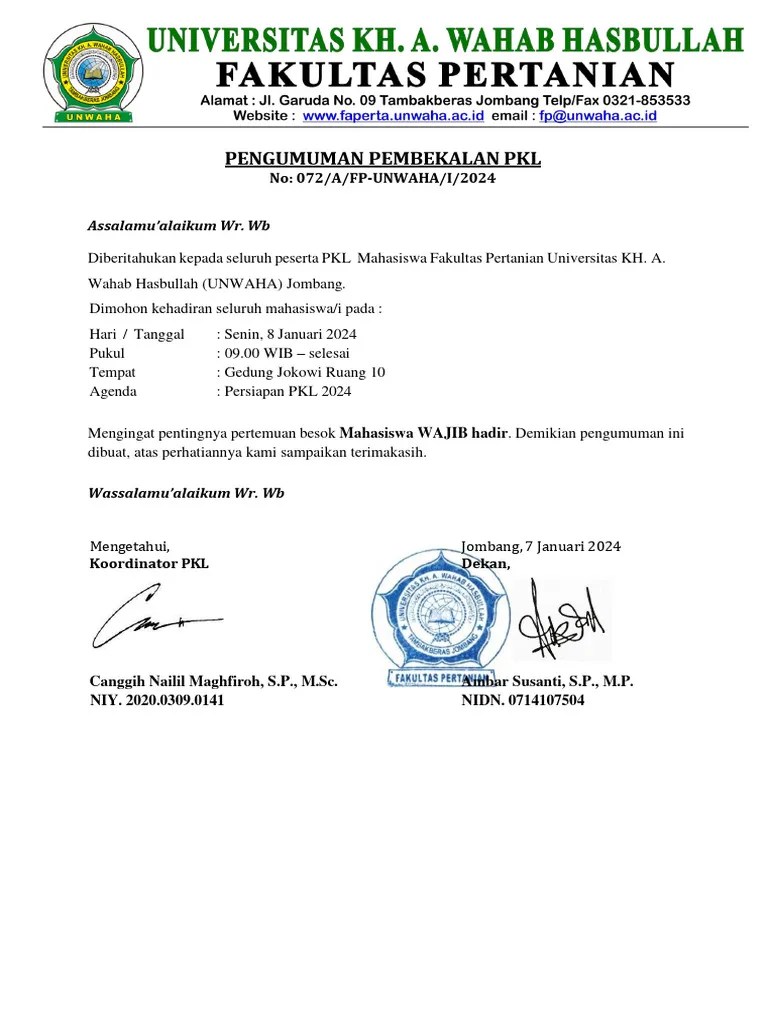 Pengumuman Pembekalan PKL | PDF