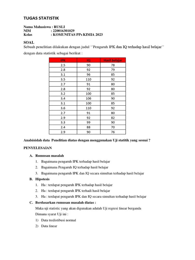 TUGAS 3 STATISTIK-UJI REGRESI LINEAR BERGANDA (Uji T DAN F)  PDF.