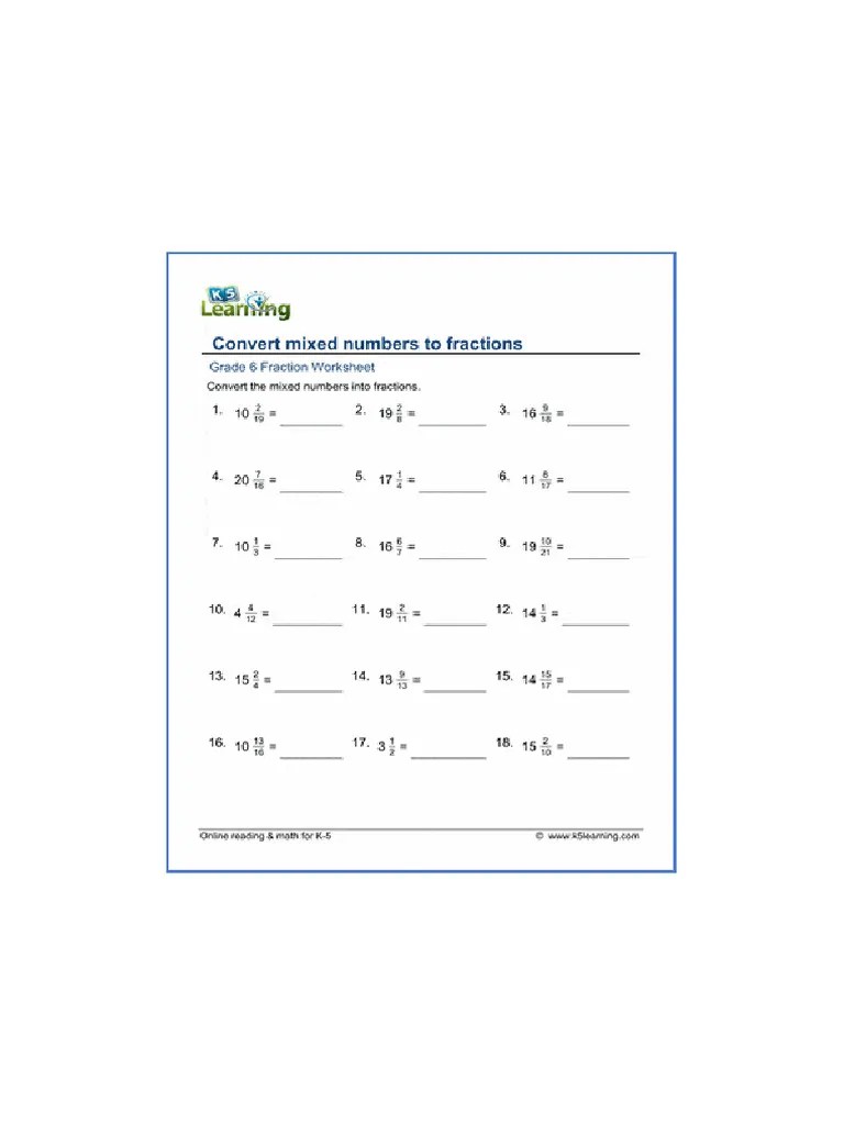 Grade 6 Converting Mixed Numbers To Fractions | PDF
