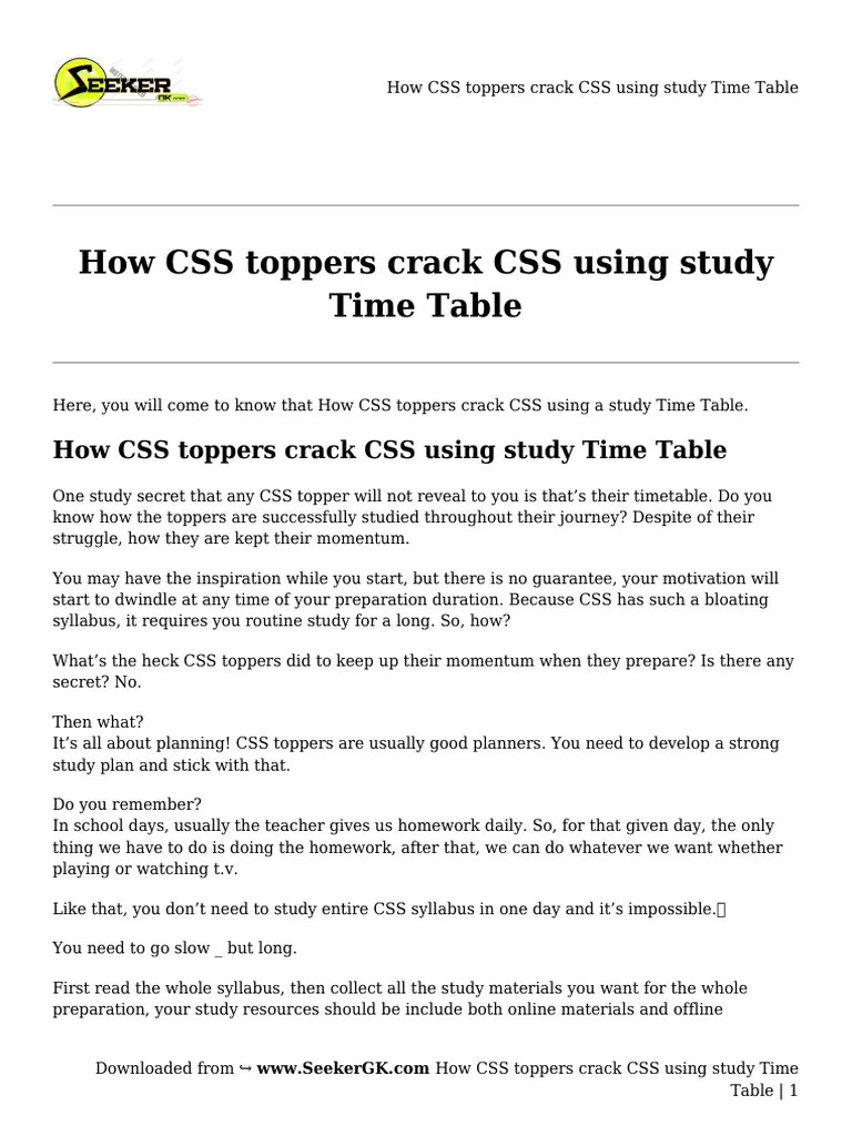 How CSS Toppers Crack CSS Using Study Time Table | PDF