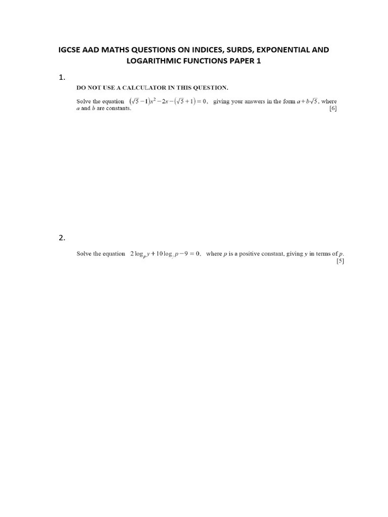 Igcse Add Maths Questions On Indices And Surds Paper 1a | PDF