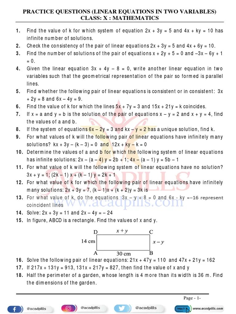 Practice Questions Linear Equations In Two Variables Class X | PDF ...
