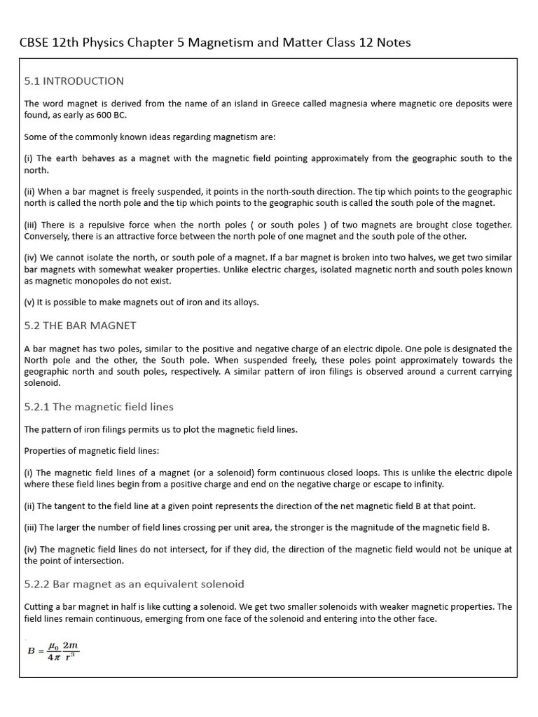 Cbse 12th Physics Chapter 5 Magnetism And Matter Class 12 Notes | PDF ...
