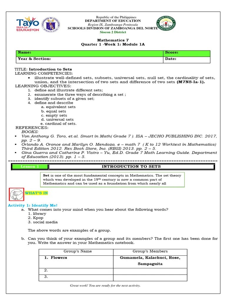 Q1 Math 7 Las Mod 1a Week 1 | PDF | Set (Mathematics) | Numbers