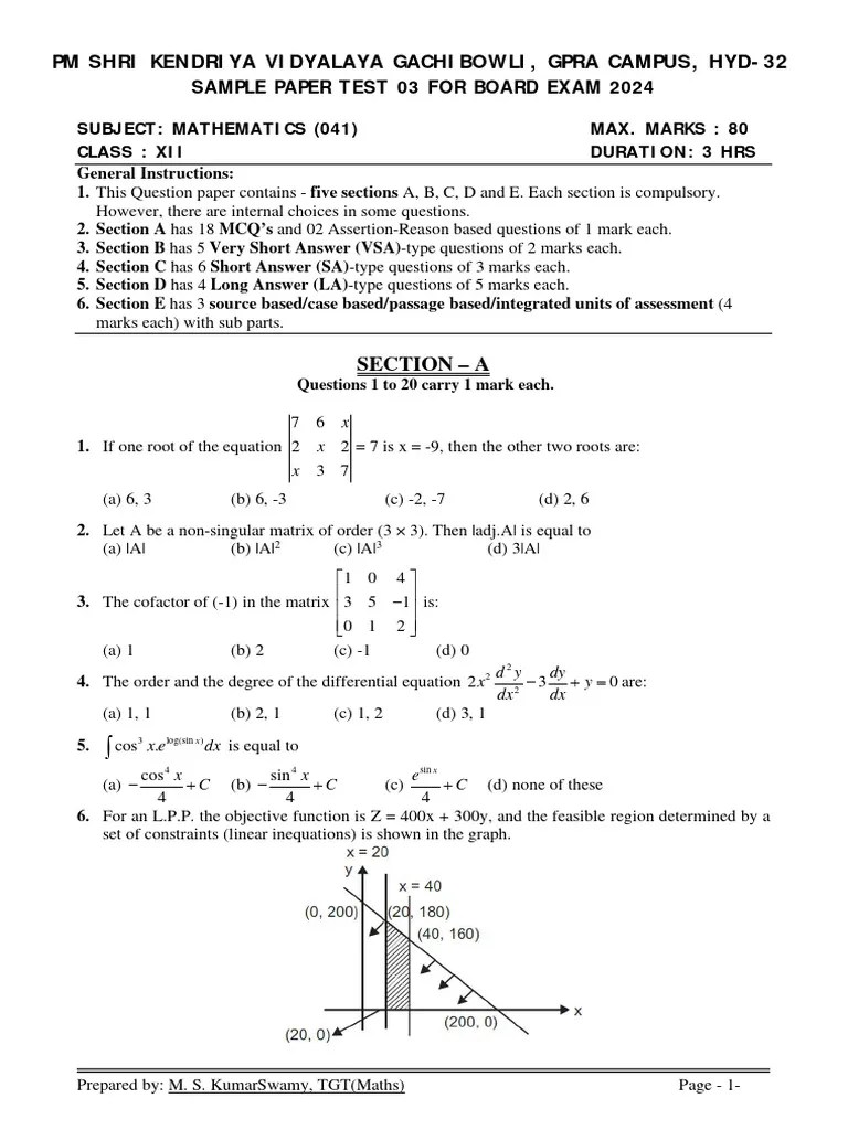 Maths Class Xii Sample Paper Test 03 For Board Exam 2024 | PDF