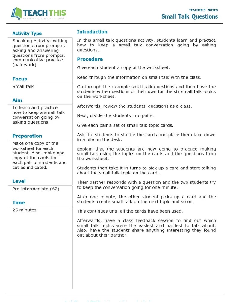 Small Talk Questions | PDF | Communication | Human Communication