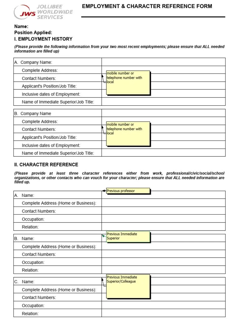 Employment Character Reference Form | PDF