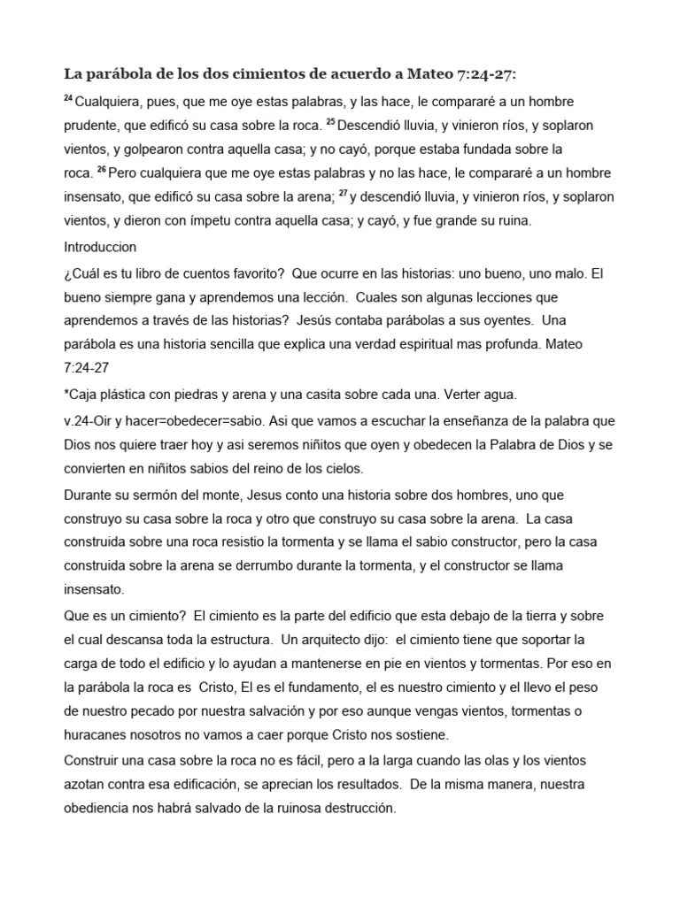 La Parábola De Los Dos Cimientos De Acuerdo A Mateo 7 | PDF | Jesús ...