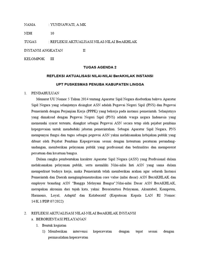 REFLEKSI NILAI NILAI BERAKHLAK INSTANSI - Tugas Individu | PDF