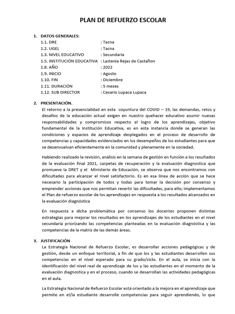 Plan De Refuerzo Escolar LRC Corregido | PDF | Evaluación | Educación De La Primera Infancia