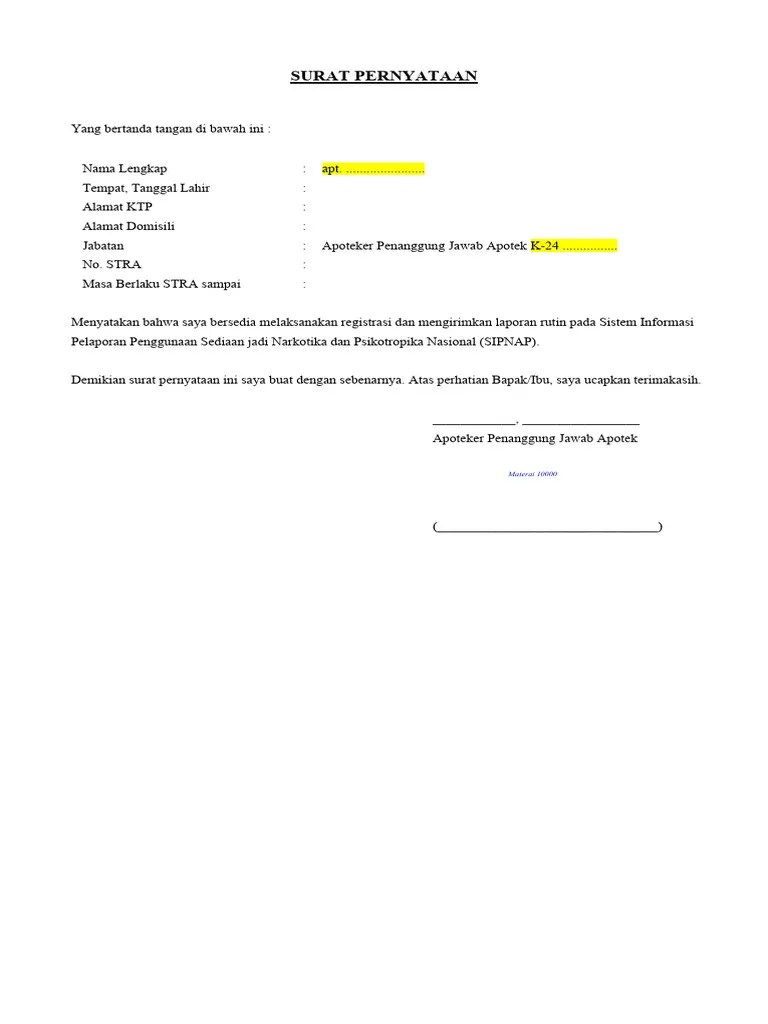 Draft Surat Pernyataan Sipnap, Simona, & Pernyataan Jam Buka Apotek | PDF