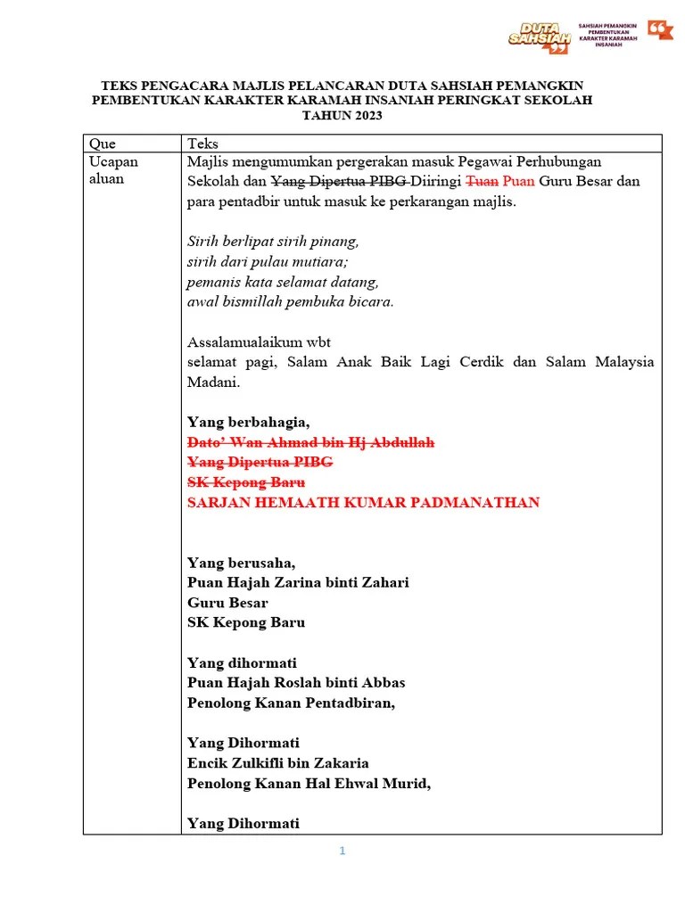 Edit-TEKS PENGACARA MAJLIS PELANCARAN Duta Sahsiah | PDF