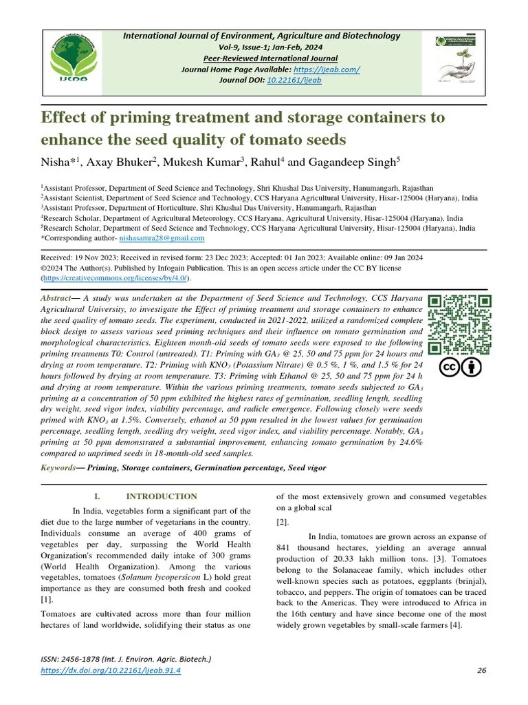 Effect Of Priming Treatment And Storage Containers To Enhance The Seed ...