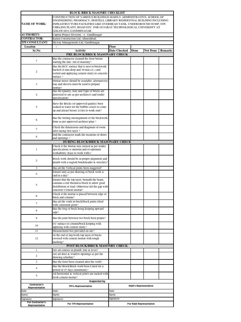 Masonary Checklist | PDF | Masonry | Brick
