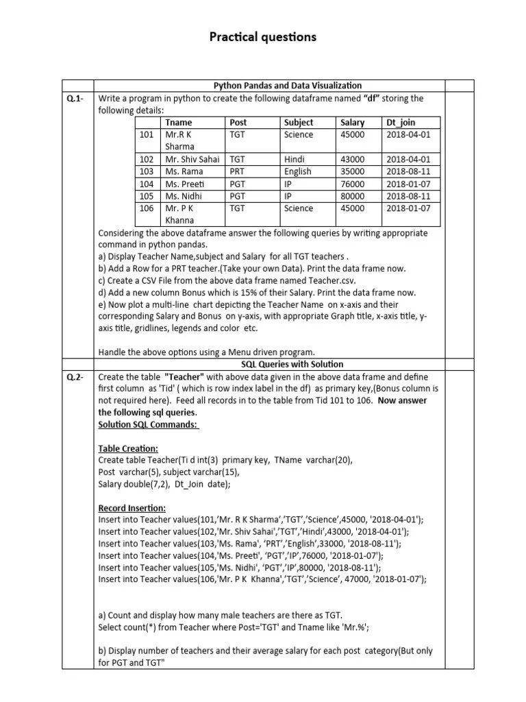 Practical Imp Questions Class 12 | PDF | Table (Database) | Data Management