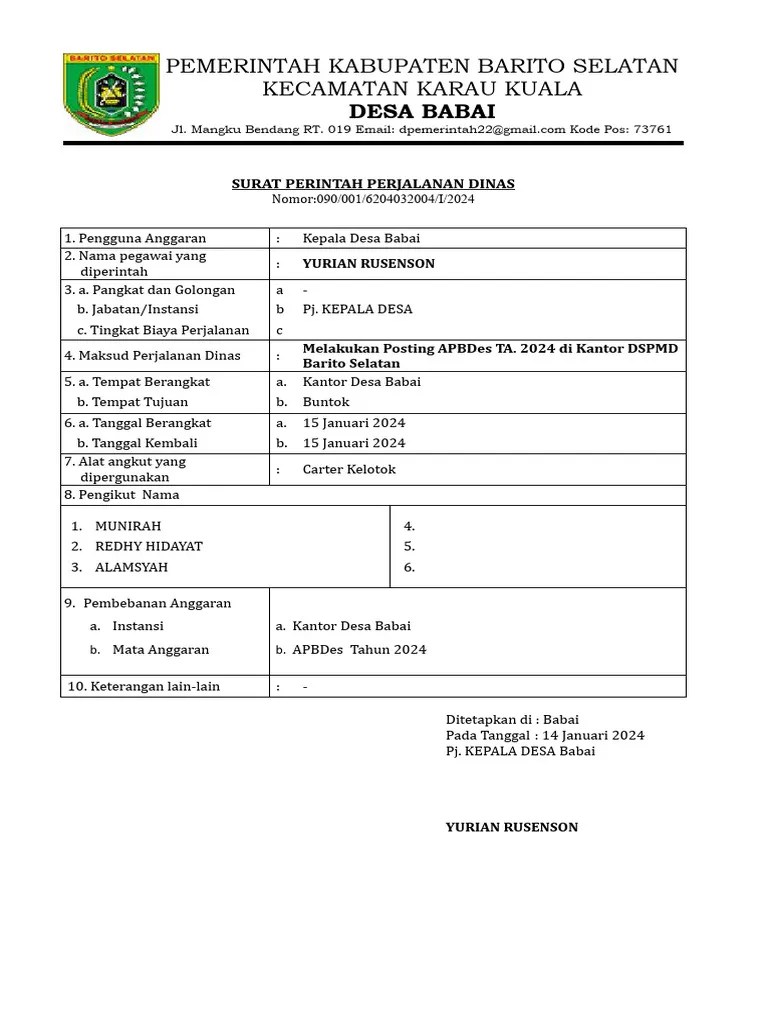 Surat Perintah Perjalanan Dinas 0620403200400044 2024-01-14 1 | PDF