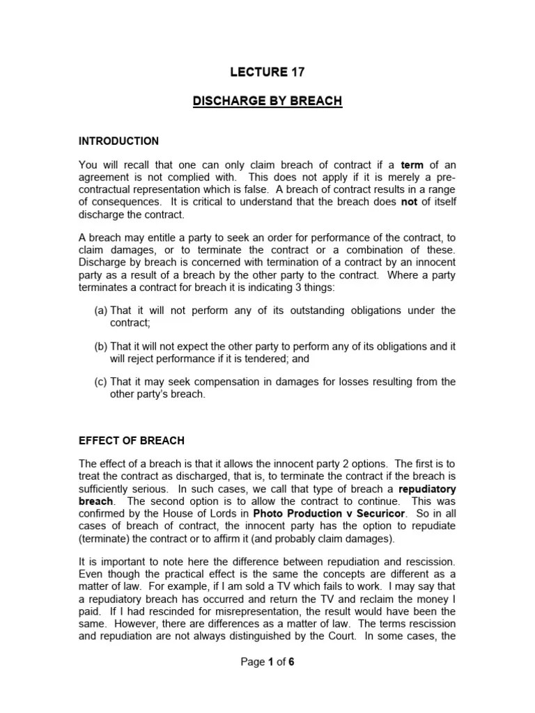 Lecture 17 - Discharge - By Breach | PDF | Breach Of Contract | Legal ...