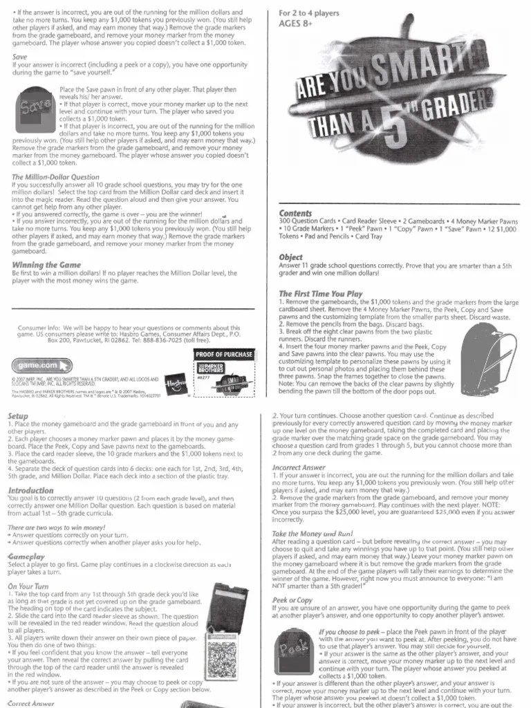 Are You Smarter Than A 5th Grader Instructions | PDF | Leisure