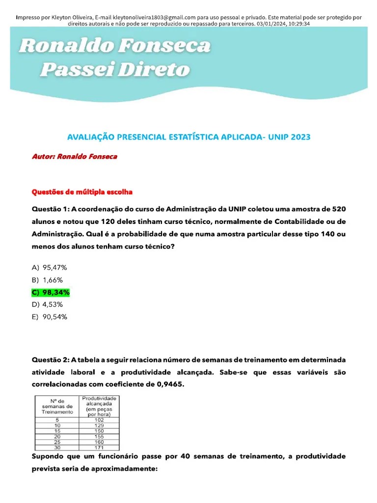 Prova Estatística Aplicada 1 | PDF