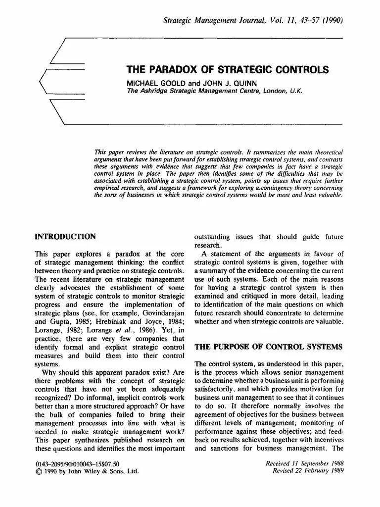 The Paradox Of Strategic Controls | PDF | Goal | Strategic Management