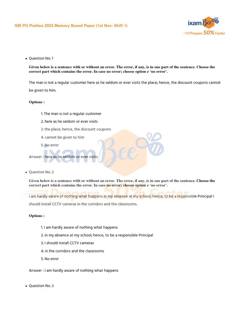 SBI PO Prelims 2023 Memory Based Paper (1st Nov - Shift 1) | Download ...