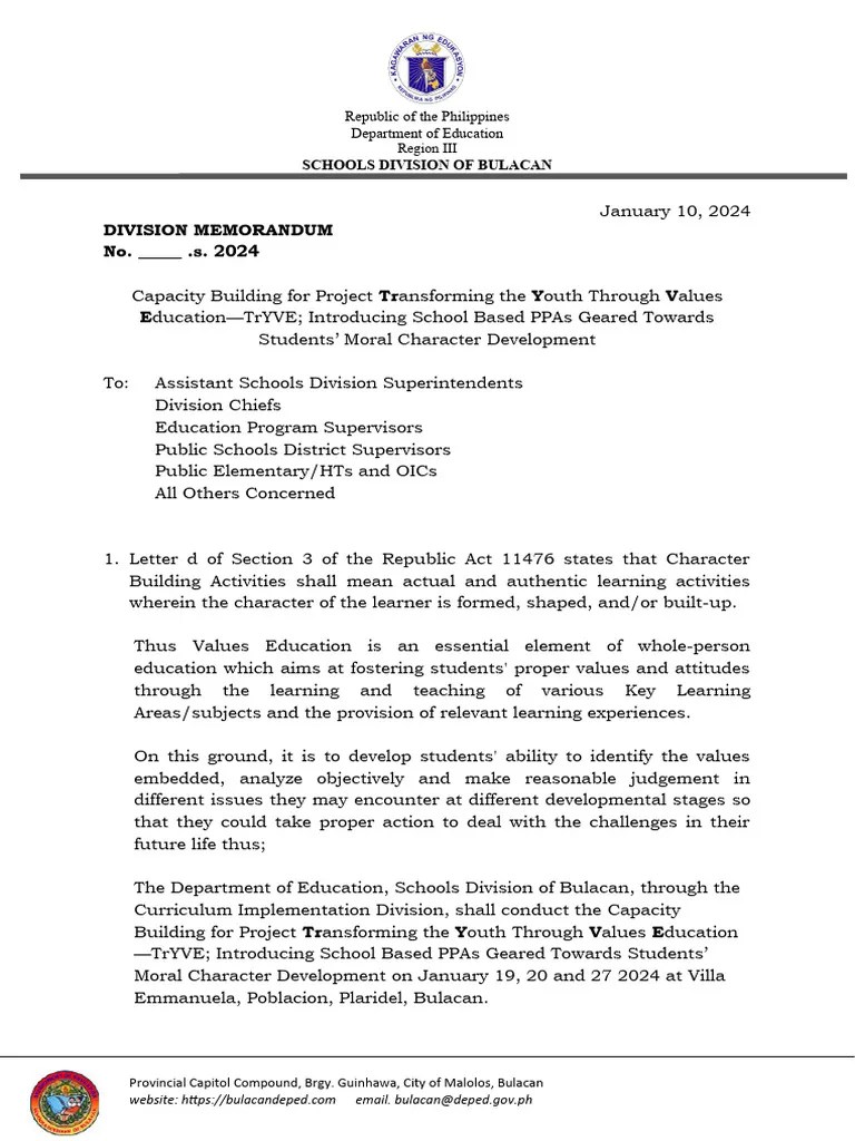 Memo 2024 Capacity Building For Project TrYVE | PDF | Learning | Behavior Modification