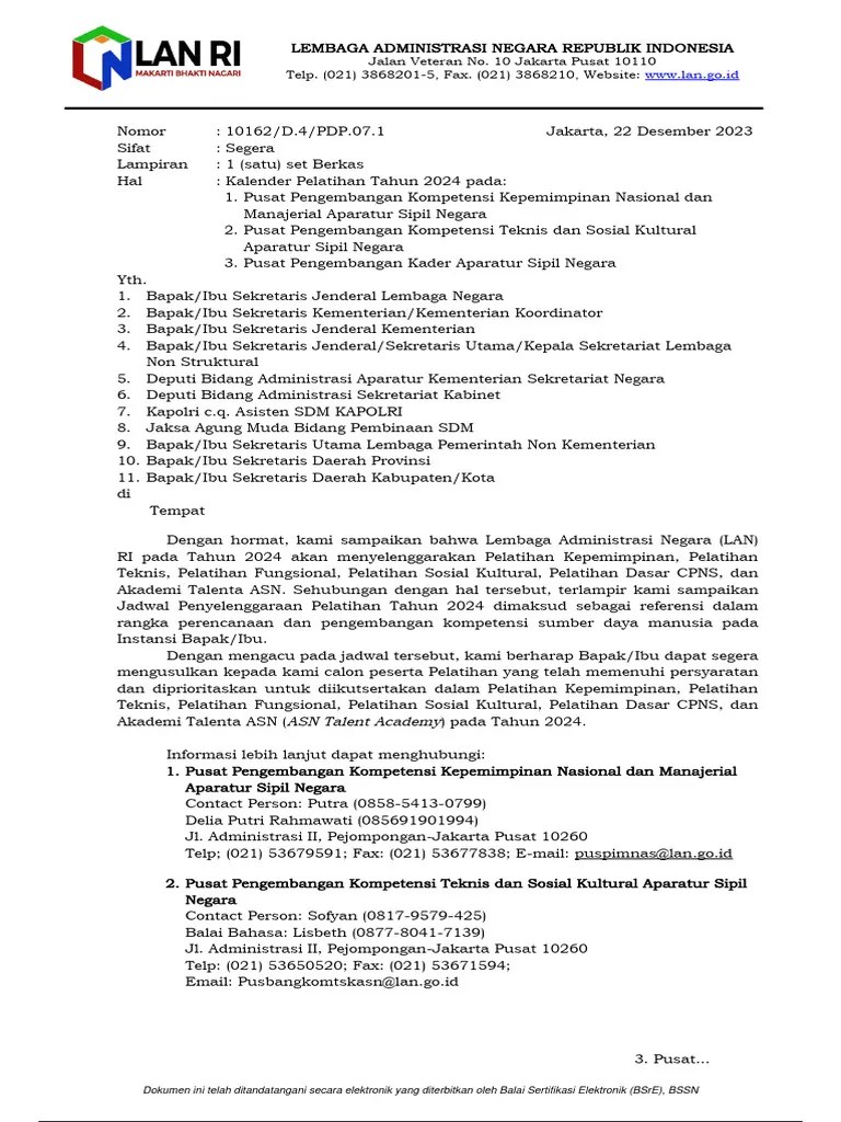 Surat Kalender Pelatihan Tahun 2024 | PDF