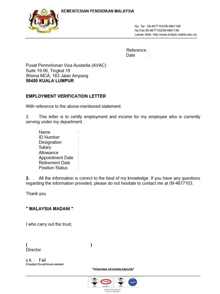 Employment Verification Letter Untuk VISA Ke Australia | PDF