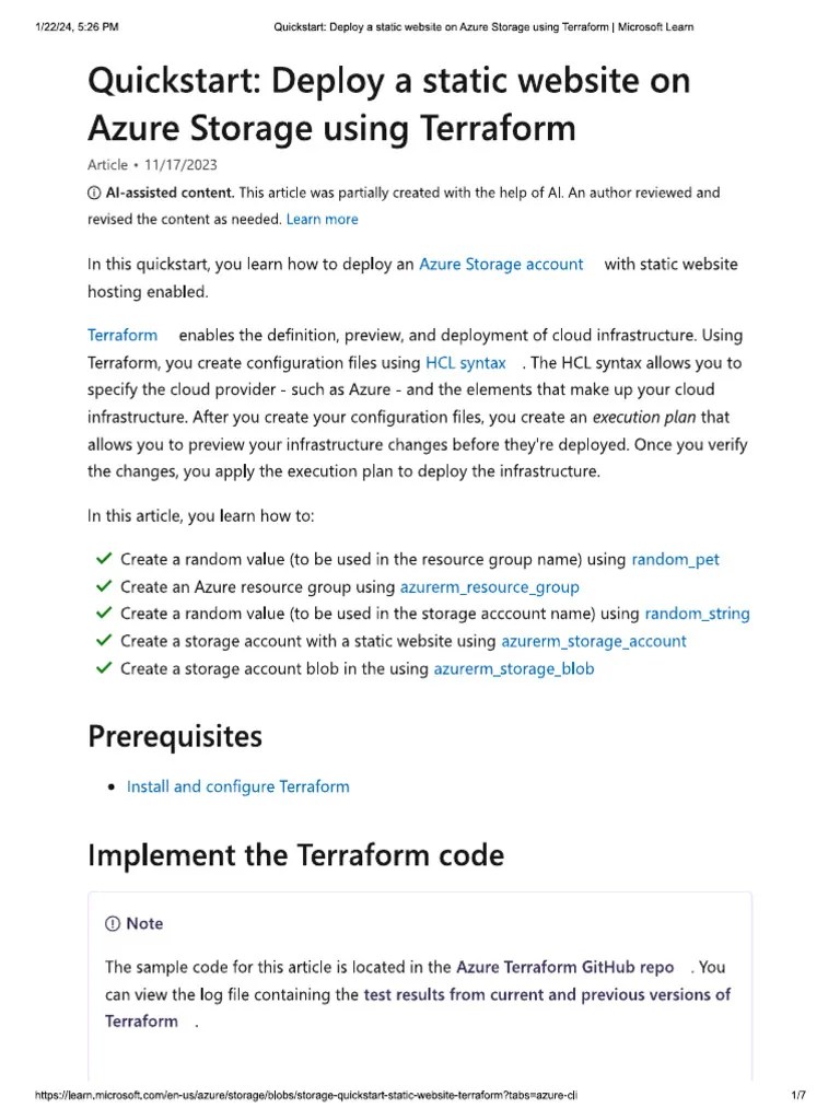 Deploy A Static Website On Azure Storage Using Terraform | PDF
