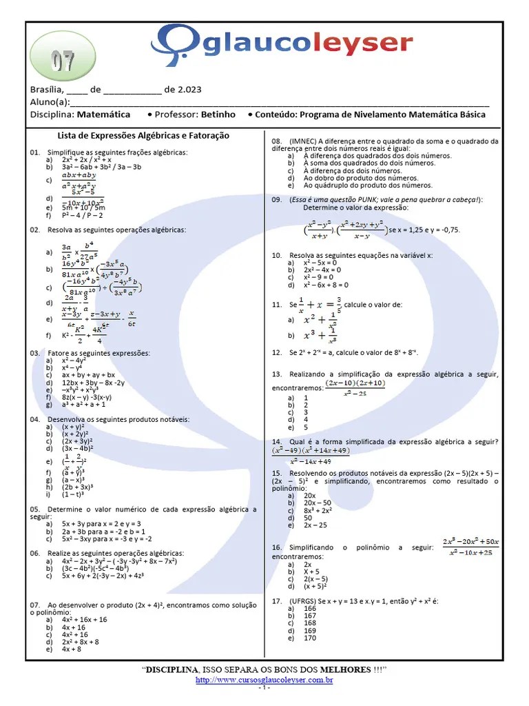 07 Expressoes Algebricas E Fatoracao | Download Grátis PDF | Conceitos Matemáticos | Objetos ...