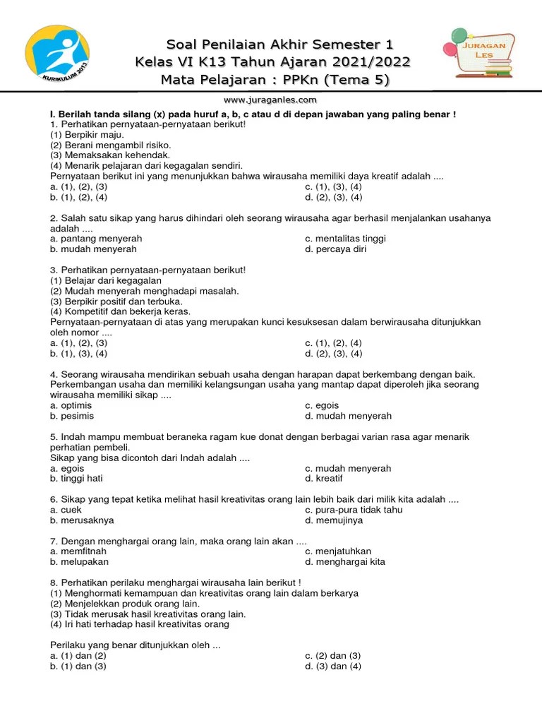 Soal PPKN Kelas 6 Semester 1 (Tema 5) 2021 | PDF