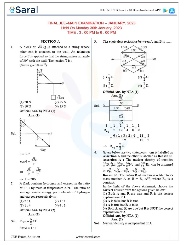 153639-30-01-2023 Physics Paper+With+Ans Evening | PDF | Acceleration ...