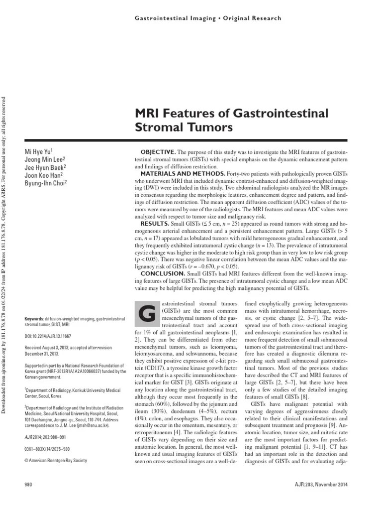 Yu Et Al 2014 Mri Features Of Gastrointestinal Stromal Tumors | PDF | Magnetic Resonance Imaging ...