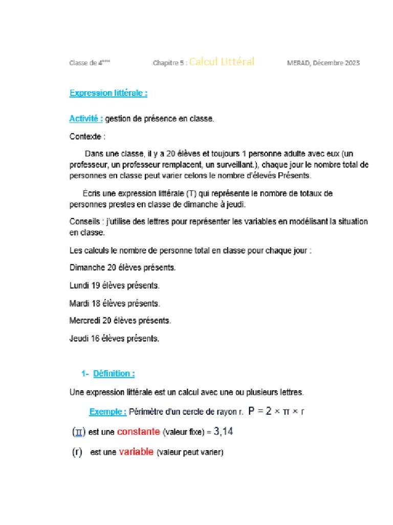 Chapitre 5 Calcul Litteral ETAPE 1 4eme M MERAD | PDF