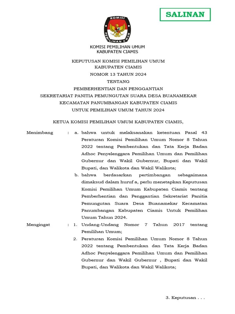 Salinan KPT Kpu-Kab 13 Tahun 2024 Tentang Pemberhentian Dan Penggantian Sekretariat Pps Desa ...