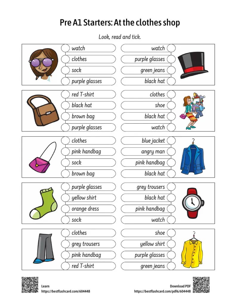 Quiz - Pre A1 Starters - At The Clothes Shop | PDF | Clothing | Uniforms