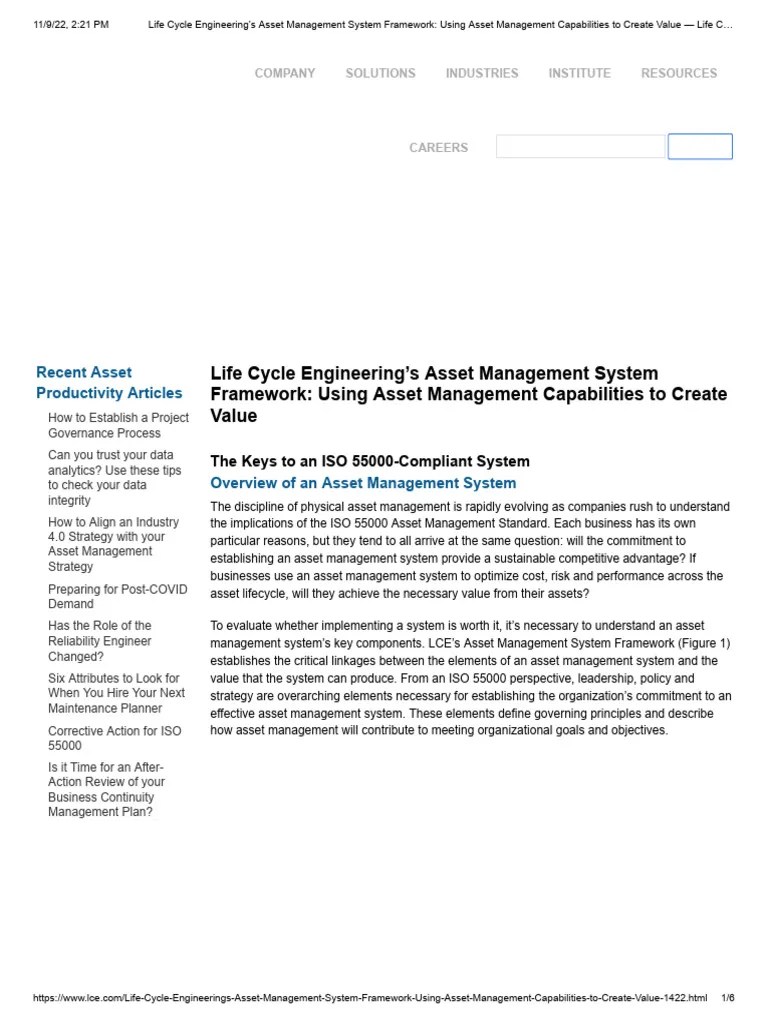 Life Cycle Engineering's Asset Management System Framework - Using Asset Management Capabilities ...