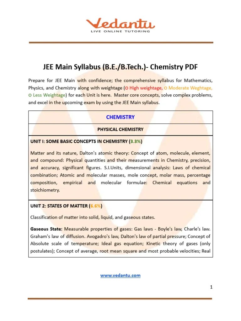 JEE Main Chemistry Syllabus 2024 - Free PDF Download | PDF | Chemical Bond | Chemical Reactions