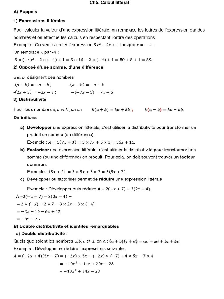 Ch05 Calcul Litteral 1 | PDF