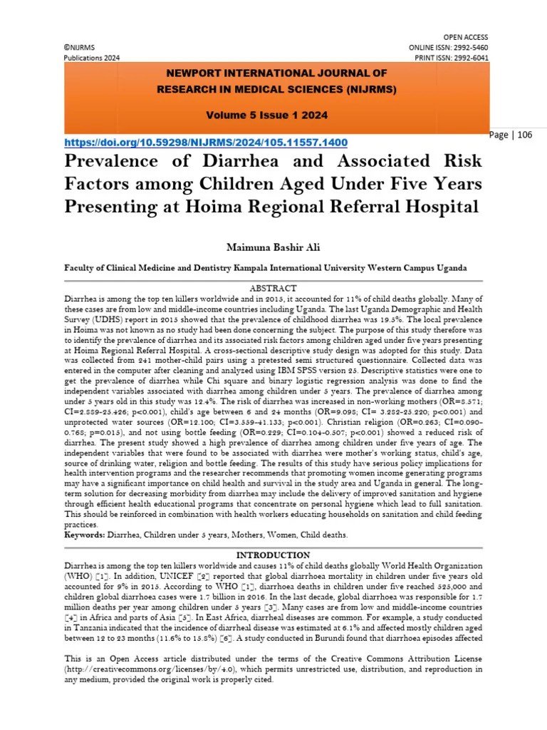 Prevalence Of Diarrhea And Associated Risk Factors Among Children Aged Under Five Years ...