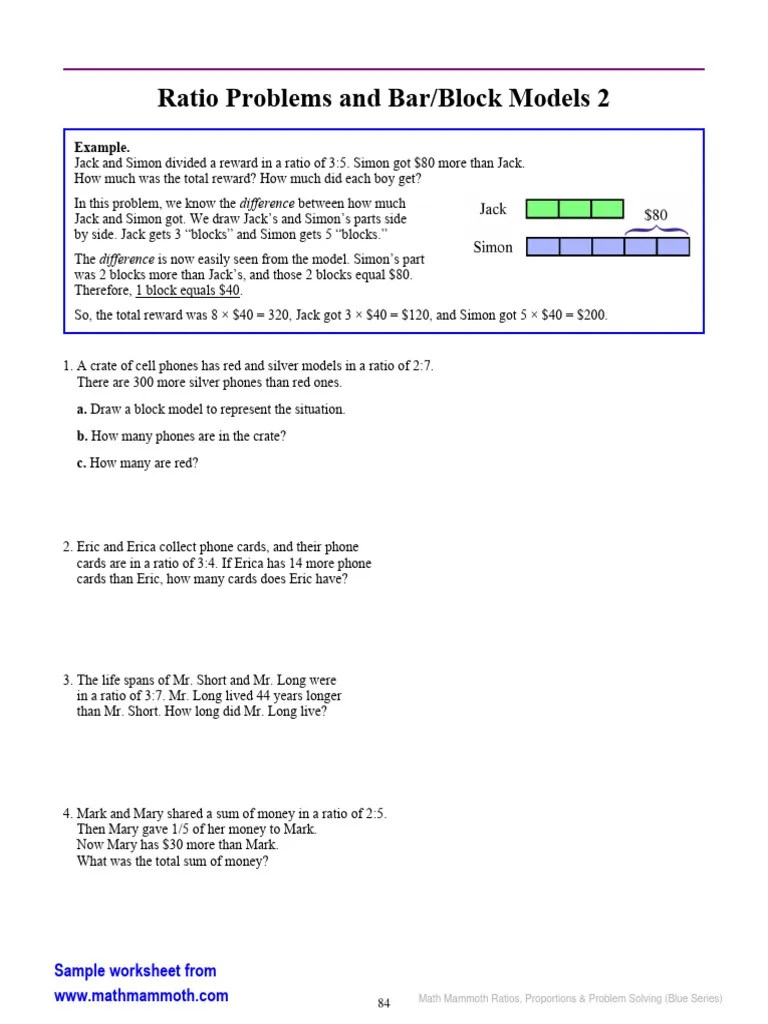Ratios Proportions Problem Solving Ratio Problems Bar-Block Models2 | PDF