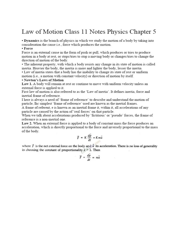 Law Of Motion Class 11 Notes Physics Chapter 5 | PDF | Force | Friction