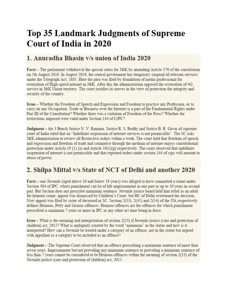 Top 35 Judgments Of Supreme Court Of India In 2020 | PDF | Reserve Bank ...